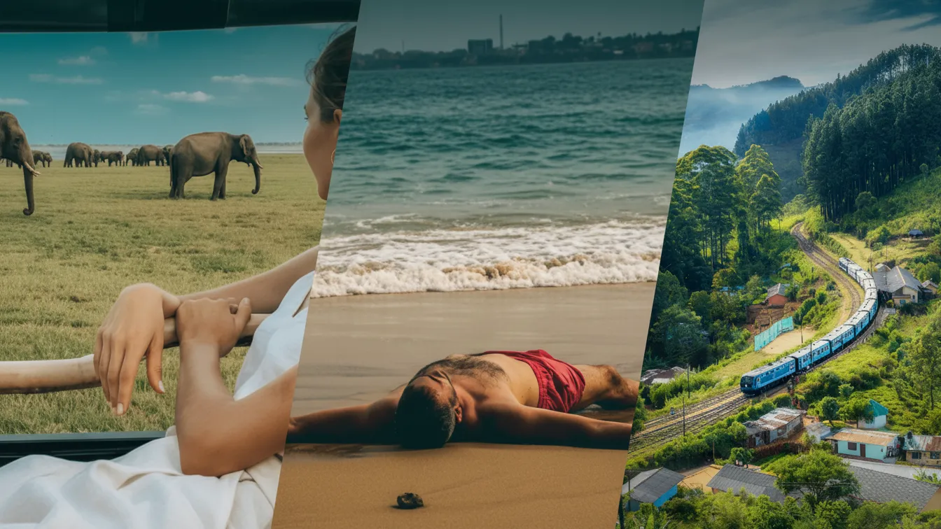 Panoramic image of Sri Lanka with Yala safari jeep and elephants, lush Ella hill country tea plantations with a blue train, and a palm-fringed south coast beach at sunset for a 10-day Sri Lanka explorer tour