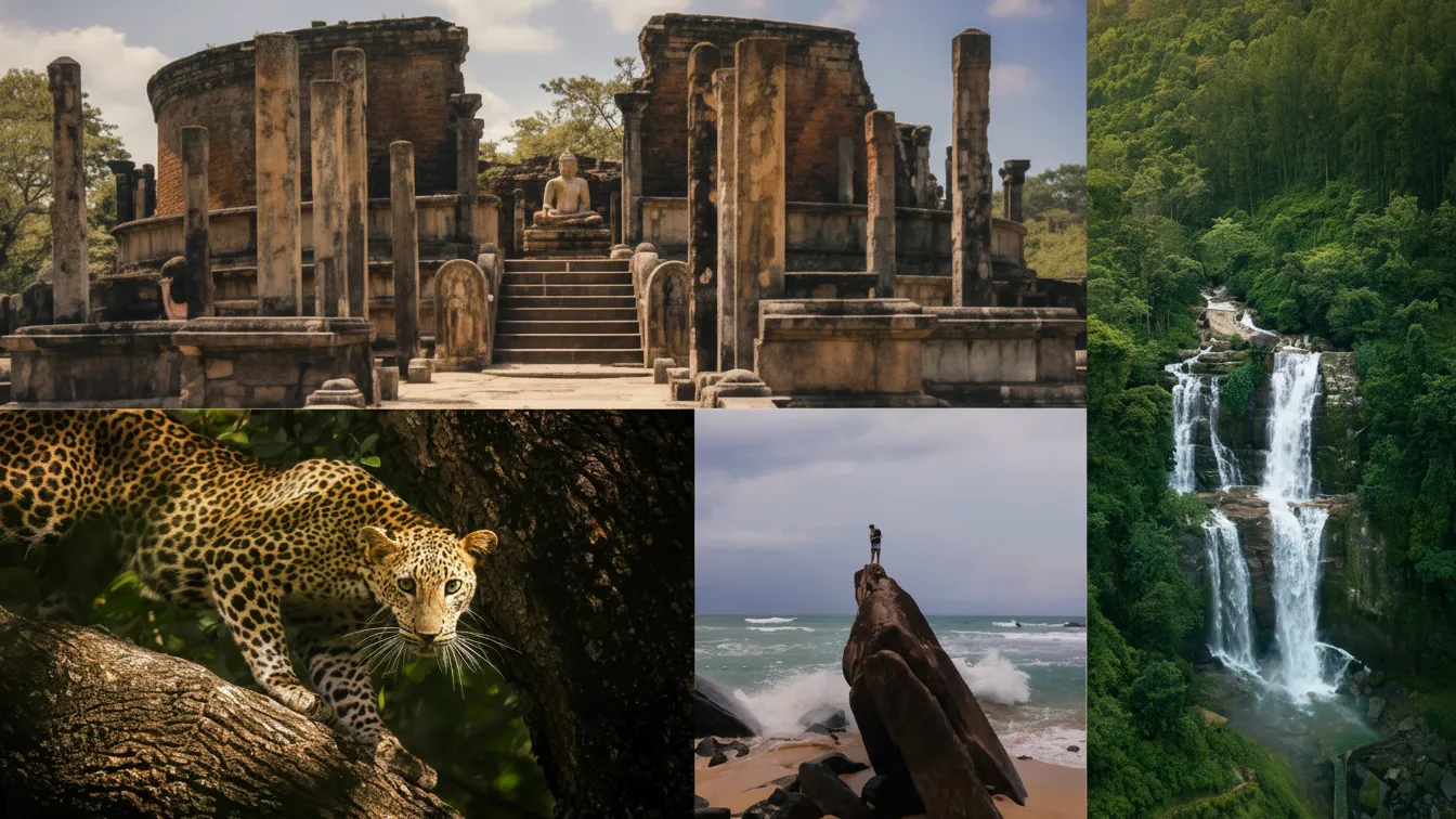 Collage of Sri Lanka featuring ancient Polonnaruwa ruins, a leopard in the wild, a lush waterfall, and Dalawella Beach with Frog Rock at sunset for a 14-day Sri Lanka tour.