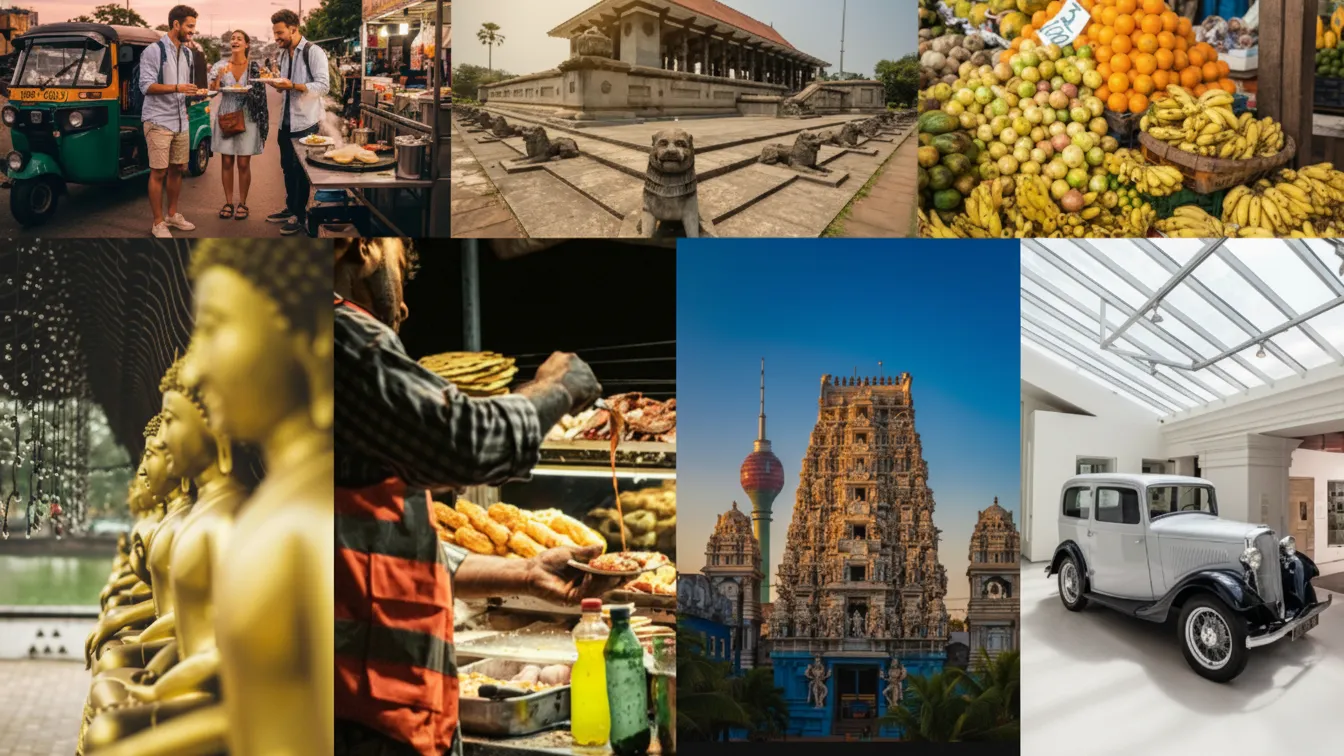 Tuk tuk , Colombo Independence Square, Gangaramaya Temple, Galle Face , a Hindu temple, Pettah fruit and vegetable market, and busy street food stalls in Colombo city and food tour image.