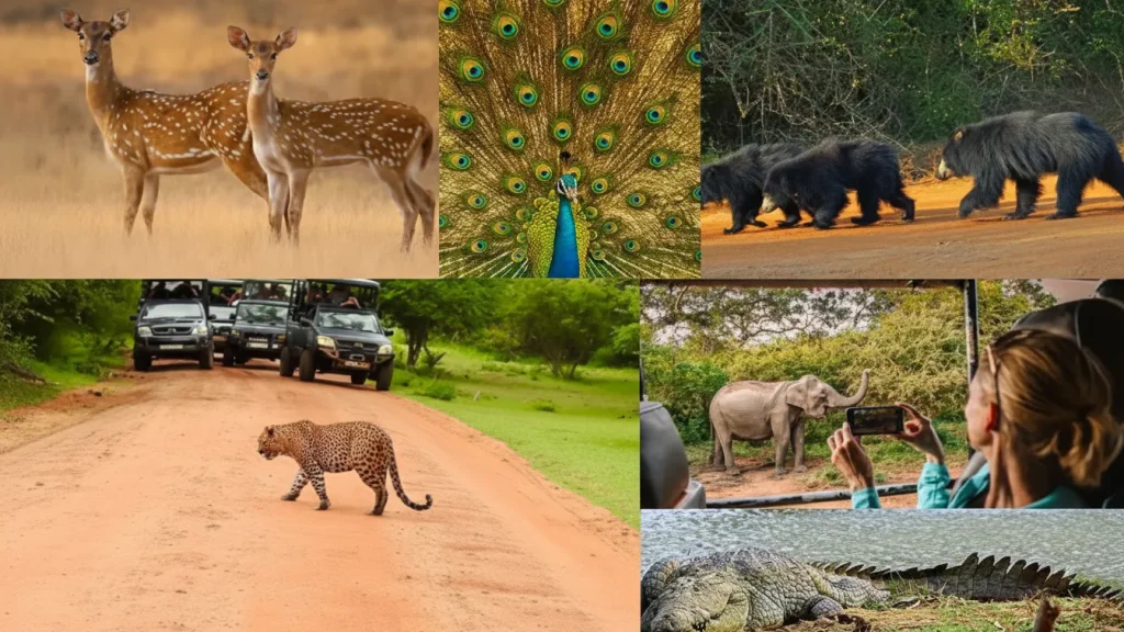 Wildlife safari image from Yala National Park showing a leopard, elephants, a sloth bear, deer, a crocodile near water, and a peacock in natural Sri Lankan bushland.