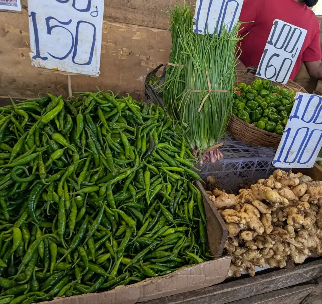 Baskets of green chillies and fresh ginger with handwritten price cards at Pettah market, Colombo
